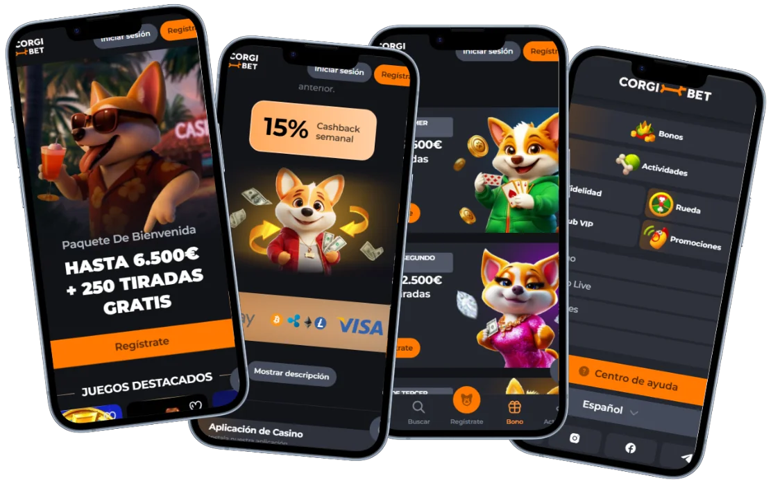 CorgiBet app móvil CorgiBet versión móvil con casino, promociones, bonos y menú de usuario